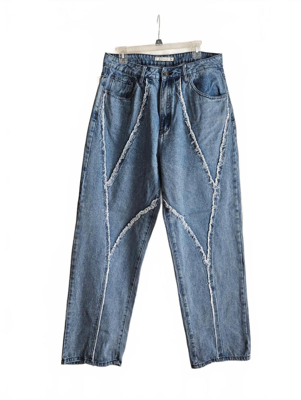 MNML Streetwear Y2K Aesthetic Frayed Geometric Seams Vintage Wash Jeans-32/33